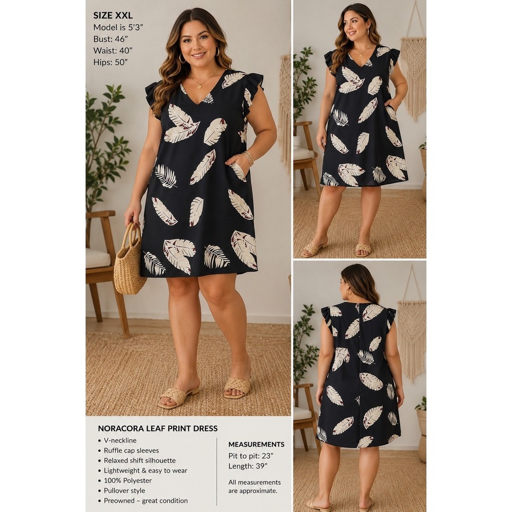Title: Noracora Leaf Print Ruffle Sleeve Dress XXL Black Cream MSRP $49 - Picture 3 of 6